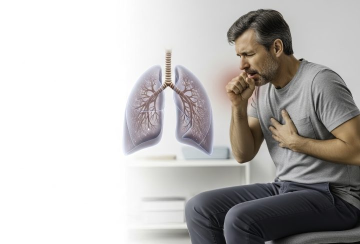 Middle aged man suffering from a severe cough, depicted with an anatomical illustration of lungs highlighting respiratory pain